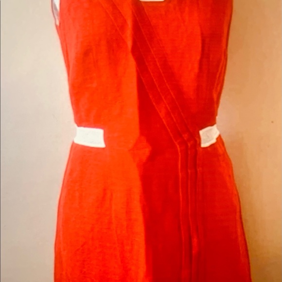 Rag and Bone Linen Cotton Asymmetrical V-Neck Dress in Orange and White - Picture 2 of 6